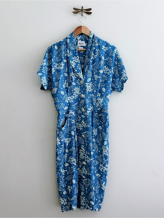 Vintage Dresses & Skirts - Vintage Seashell Tropical Print Blue Summer Midi Dress